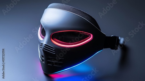 A high-tech, futuristic face mask with a sleek design, incorporating LED lights and air filtration technology, displayed in a minimalist setting photo