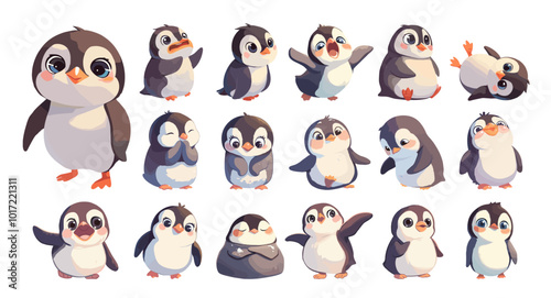 little penguin cartoon set. penguins character, sticker pack sea bird kind funny cute animal vector illustration