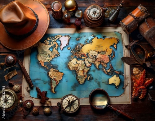 Map of planet Earth where you can see each continent. Outside the map there are objects related to a trip, such as a compass, hat, magnifying glass, sunglasses, wallet and coins photo