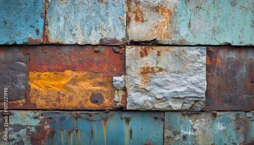 A close-up of a wall made of rusty metal and stone tiles.