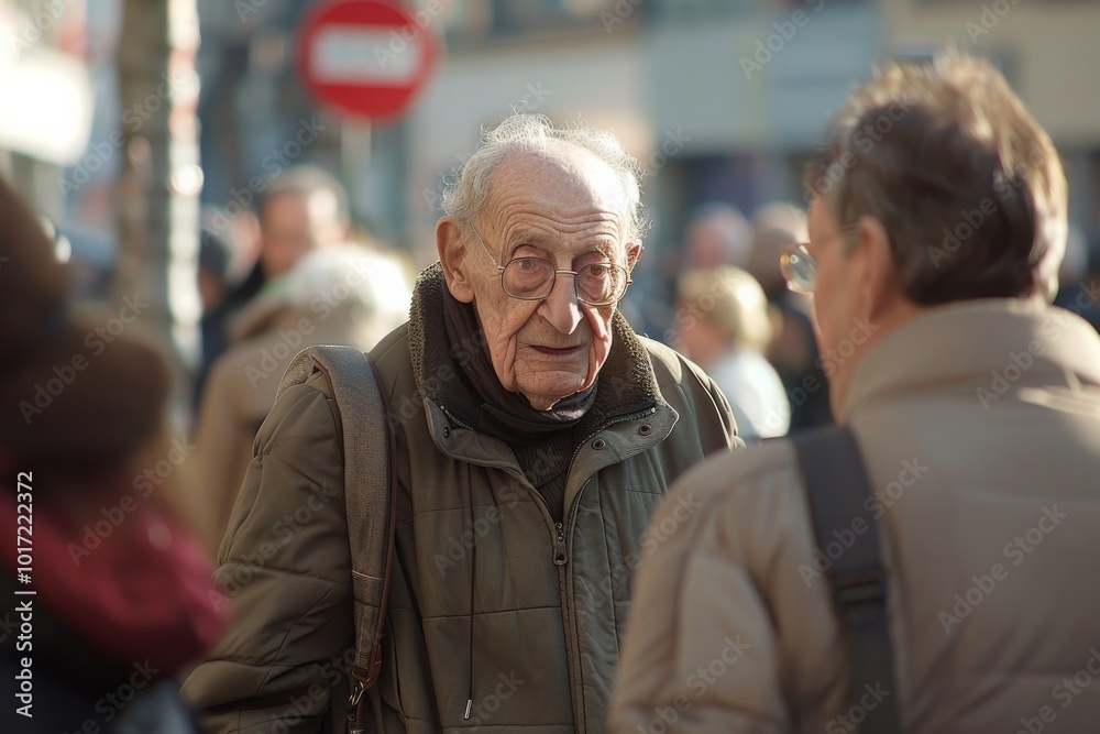 An elderly man with glasses is walking on the street. An elderly man with glasses is walking on the street.