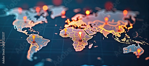 Connected way marks or highlighted points, show the way to the desired destination on a route on a world map