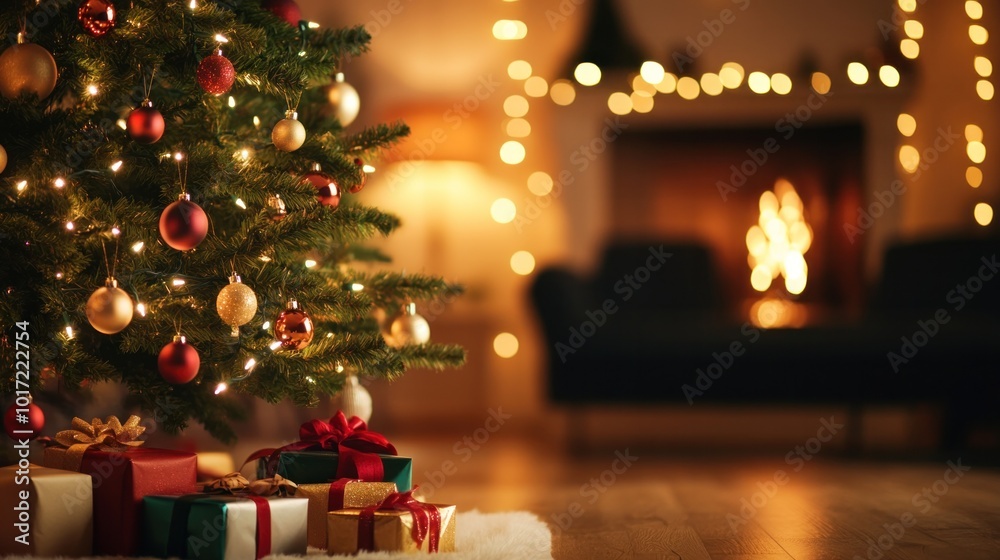 Cozy living room with decorated Christmas tree, ornaments, glowing lights, wrapped presents. warm, festive atmosphere.