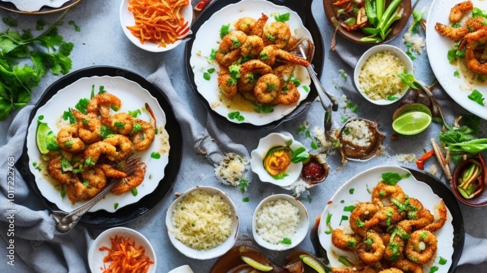 mesa com pratos de camarões, comida saudável mesa com pratos de camarões, comida saudável