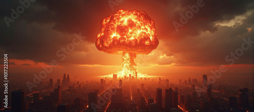 illustrative representation of a nuclear explosion in a city or metropolitan area, horror and fear of war, nuclear disarmament