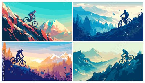 Mountain cyclist. Bicycle cycling silhouette on sunset, extreme bicyclist sport adventure, outdoors activity concept set vector illustration