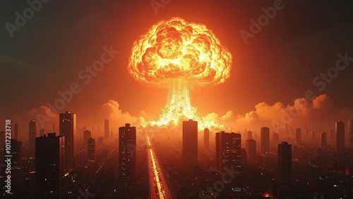 illustrative representation of a nuclear explosion in a city or metropolitan area, horror and fear of war, nuclear disarmament