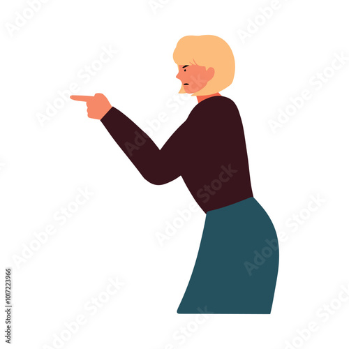 Angry Woman Scolding Someone. An illustration of an angry woman with a stern expression, pointing and scolding someone. Her body language and facial expression reflect frustration or blame