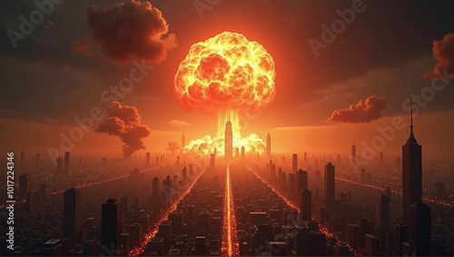 illustrative representation of a nuclear explosion in a city or metropolitan area, horror and fear of war, nuclear disarmament