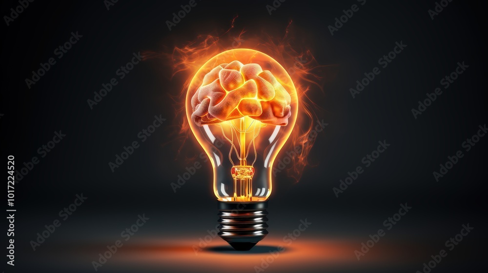 A glowing brain inside a light bulb symbolizes intellectual energy and creative thinking A glowing brain inside a light bulb symbolizes intellectual energy and creative thinking