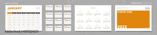 Set of 2025 Pages Monthly Calendar Planner Templates, Cover with Place for Photo, Company Logo, Annual 2026. Vector pages size A4 -21x29.7cm for wall or desk calendar with 2 weekend Week start Sunday