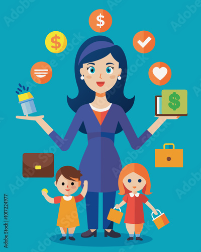 A mother working multiple jobs to try to make ends meet with a large chunk of her income going towards childcare costs.. Vector illustration