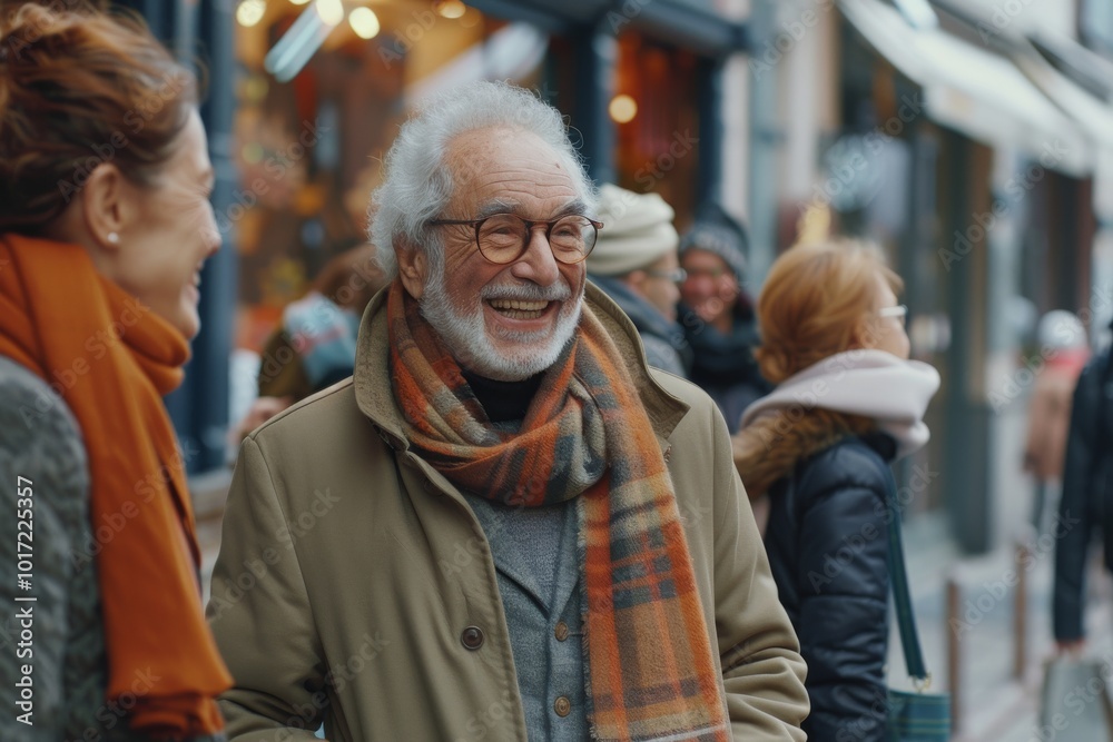 Happy senior man in eyeglasses smiling and looking at his friend while walking down the street Happy senior man in eyeglasses smiling and looking at his friend while walking down the street