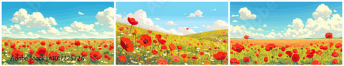 poppy field cartoon background. blooming poppies on meadow, red flowers clear blue sky clouds summer landscape vector illustration