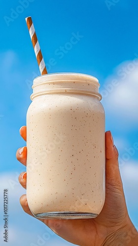 A person holding a thick vanilla milkshake in a mason jar with a striped straw, enjoying it on a sunny day outdoors photo