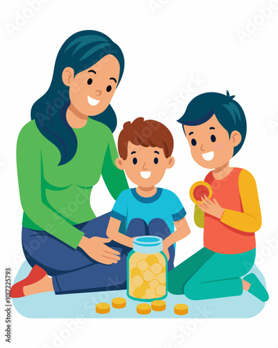 A mother and her children sit down with a jar of loose change sorting and counting it together to start a savings jar for future expenses.. Vector illustration