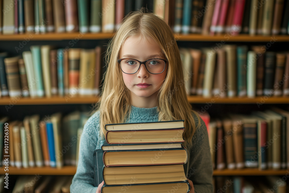 Caucasian young girl in glasses holding a stack of books in a library, with a serious expression, surrounded by shelves filled with books. Education and learning concept Caucasian young girl in glasses holding a stack of books in a library, with a serious expression, surrounded by shelves filled with books. Education and learning concept