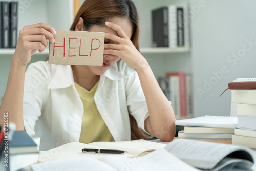 Asian student man have anxiety because of exams, male prepare for test and learning lessons in the library. stress, despair, haste, misunderstanding reading, discouraged, expectation, knowledge, tired photo