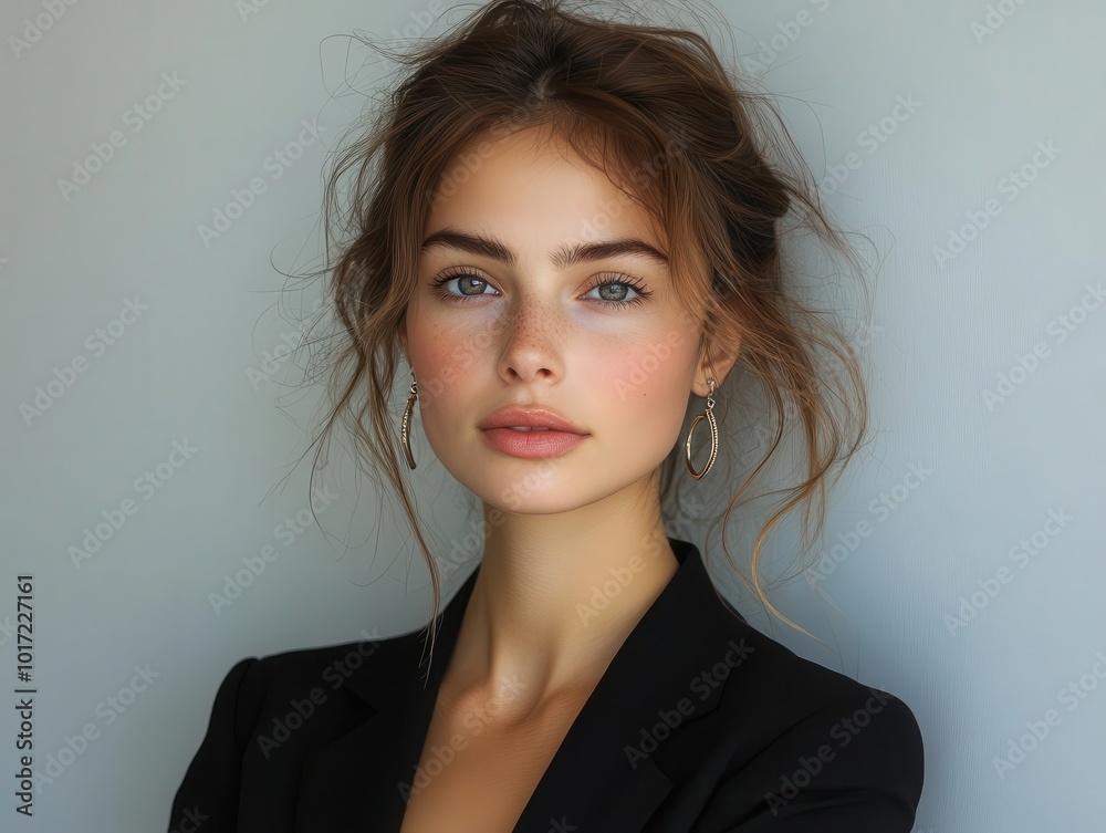 confident woman in a tailored black suit and statement earrings exuding elegance and professionalism, set against a minimalist backdrop highlighting her poise confident woman in a tailored black suit and statement earrings exuding elegance and professionalism, set against a minimalist backdrop highlighting her poise
