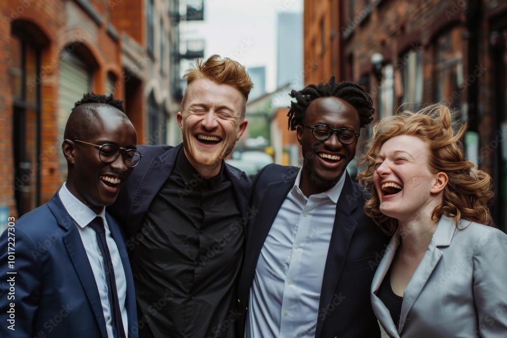 Group of young multiethnic business people laughing while standing outdoors. Group of young multiethnic business people laughing while standing outdoors.