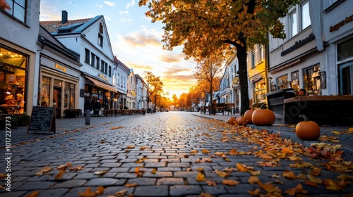 A quiet village square during fall, where pumpkins are displayed on doorsteps, and leaves blow gently through the streets photo