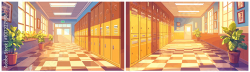 school corridor cartoon. passage in educational institution, college university yellow lockers potted plants windows door exit vector illustration