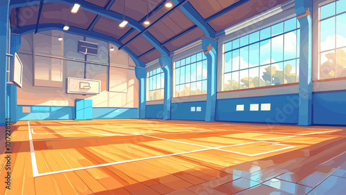 school gym cartoon background. sports hall, room parquet sport children games basketball classes training college vector illustration