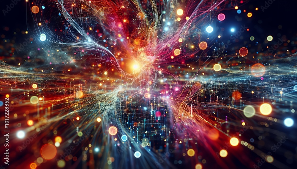 Fototapeta premium An expressive digital artwork showcasing interconnected particles and light trails, representing themes of technology and data flow.