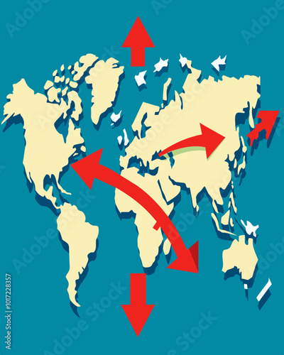 A map of the world with red arrows pointing to different countries representing the spread of an economic crisis from one country to another.. Vector illustration