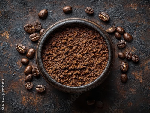 dark container filled with rich, aromatic coffee grounds set against a textured dark background, evoking a sense of depth and indulgence in coffee culture, perfect for any coffee enthusiast