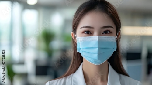 Asian woman wears facemask in office for virus protection