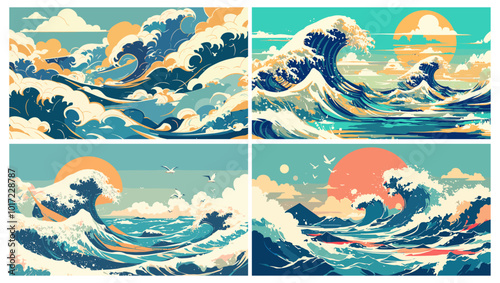Sea waves. Japanese style ocean landscape with storm water sun, retro asian artwork set vector illustration