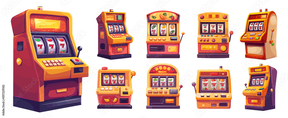 Naklejka premium slot machines cartoon set. game automatic device, jackpot lucky seven casino win luck gambling vector illustration