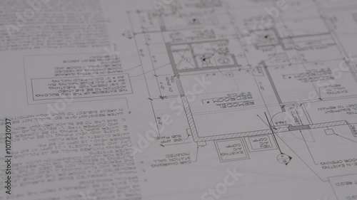 This close up video shows construction architectural blue print plans being unrolled. 
