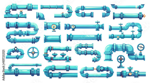 Water pipes. Metal pipeline construction kit connections valves, gas oil industry stainless steel plumbing system set vector illustration