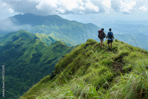 A person is hiking in the mountains with a backpack.,