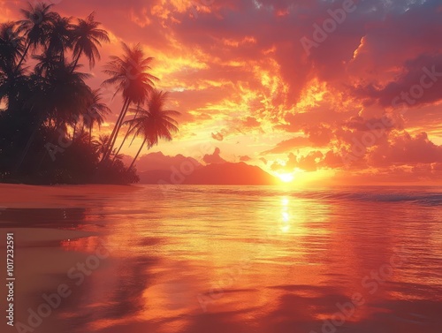 exotic beach at sunset, palm trees silhouetted against a vibrant sky; golden sand reflects the warm hues, evoking a relaxing and idyllic summer vacation vibe