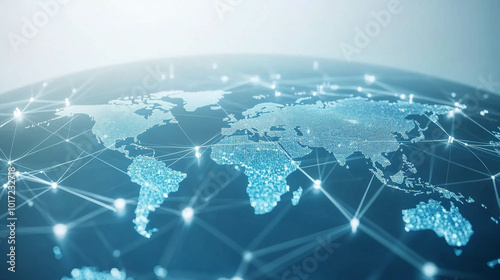 A light blue background with a digital world map and global network connections, representing