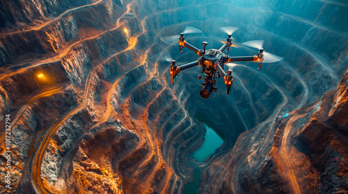 An image of a mining site with a UAV flying over, paired with a topographic map created from LiDAR data