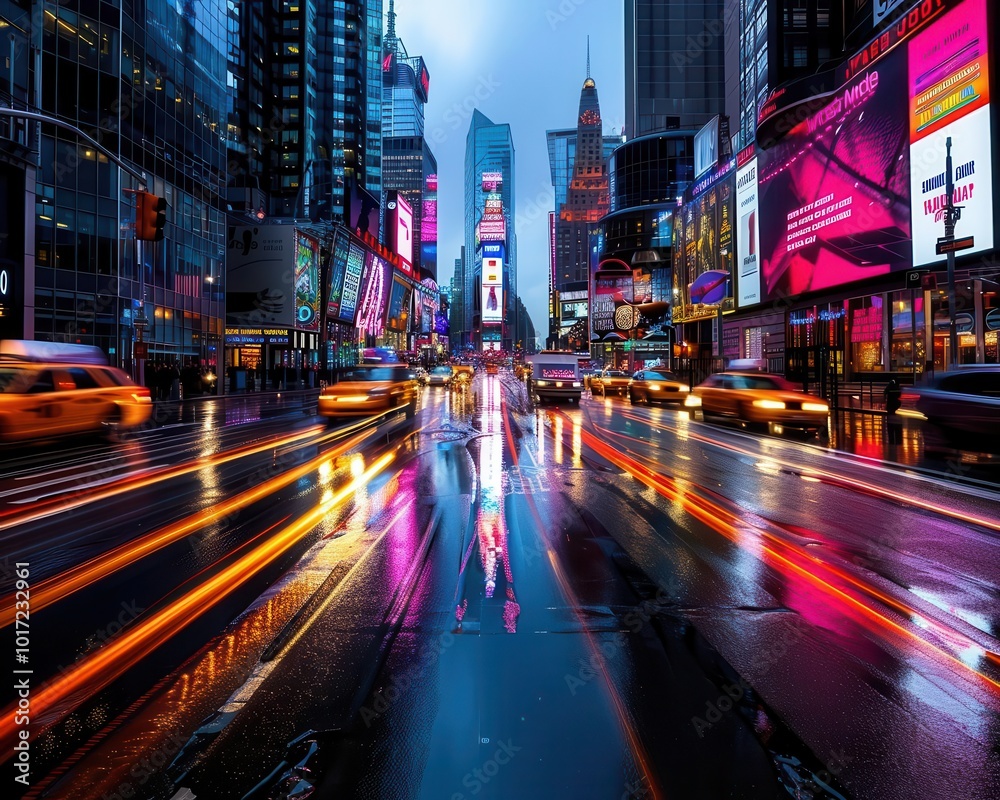 Obraz premium Bustling city street scenes, neon lights, vibrant colors, photography, dynamic, lively
