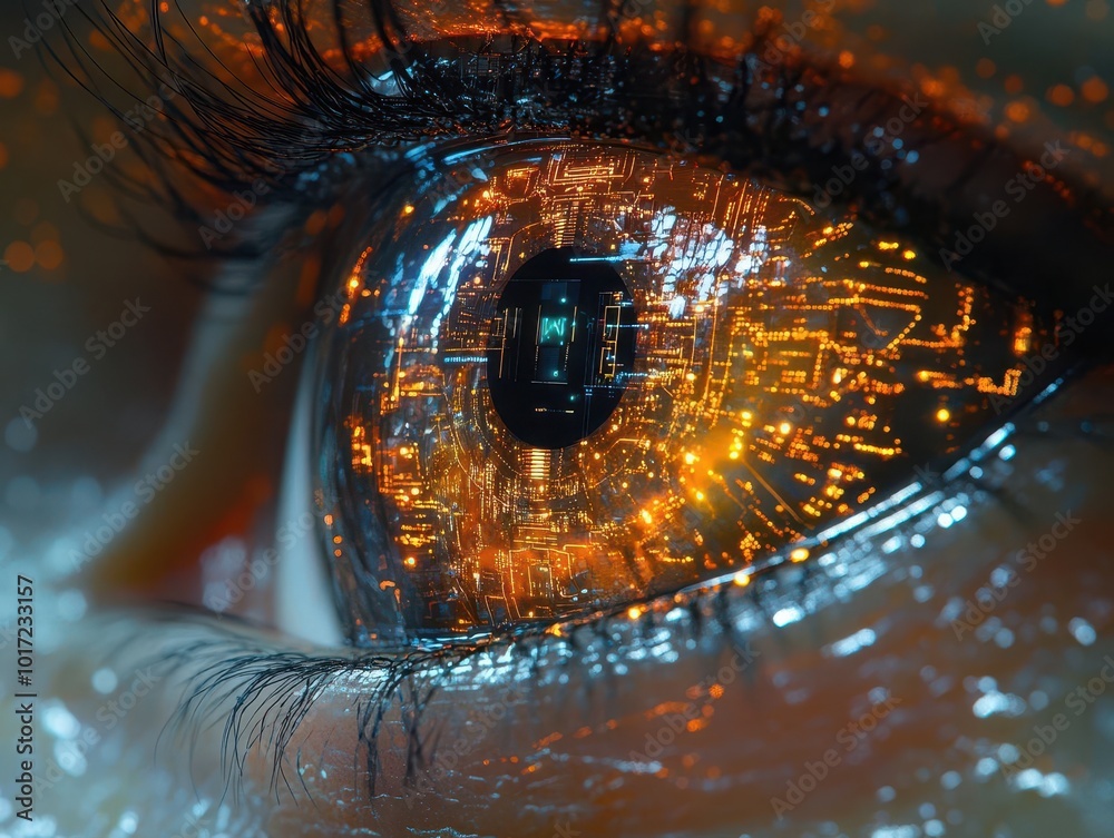 extreme close-up of a robotic or bionic eye, showcasing advanced circuitry and intricate details, highlighting the convergence of technology and biology in a visually striking manner extreme close-up of a robotic or bionic eye, showcasing advanced circuitry and intricate details, highlighting the convergence of technology and biology in a visually striking manner