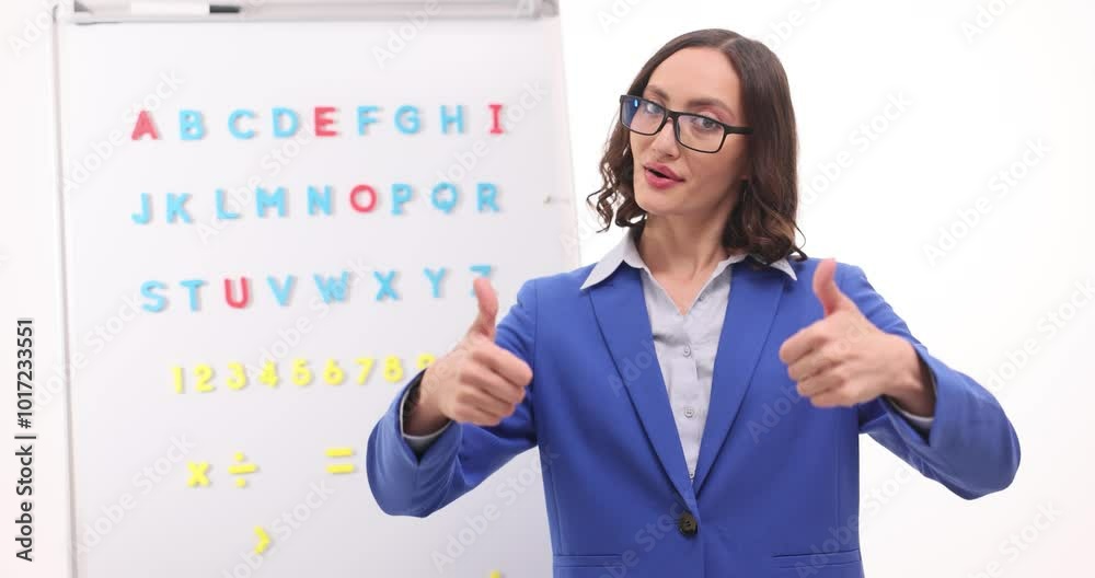 Surprised woman teacher shows thumbs up gesture against whiteboard in classroom. Cheerful female tutor praises students with achievement