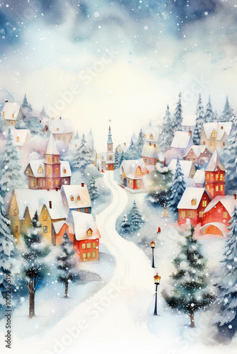 christmas village winter landscape on white background illustrated watercolor art