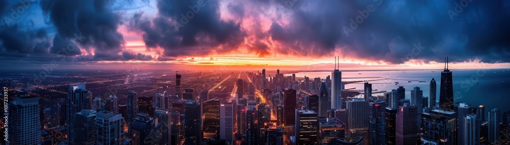 Fototapeta premium City skyline at dusk, dramatic lighting, photography, vibrant colors, iconic landmarks