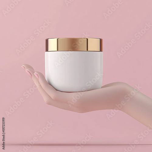Hand holding cosmetics jar with gold cup mockup with pink background