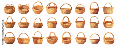 Wicker Baskets. Cartoon empty handmade rattan container, woven rural picnic basket decorative set vector illustration
