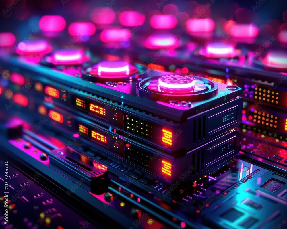 Naklejka premium Data centers with advanced technology, abstract art, neon lights, high-tech, detailed