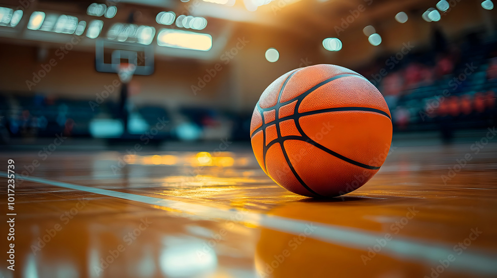 A basketball resting on a gym floor, ready for play. A basketball resting on a gym floor, ready for play.