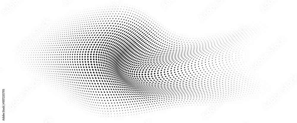 Flowing Wave Dot Halftone Pattern: Curve Gradient Shape on Transparent Background. Suitable for AI, Tech, Network, Digital, Science, and Technology Themes. Flowing Wave Dot Halftone Pattern: Curve Gradient Shape on Transparent Background. Suitable for AI, Tech, Network, Digital, Science, and Technology Themes.