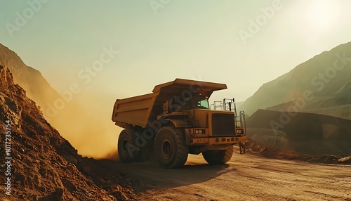 Yellow Dump Truck Driving through a Dusty Mine